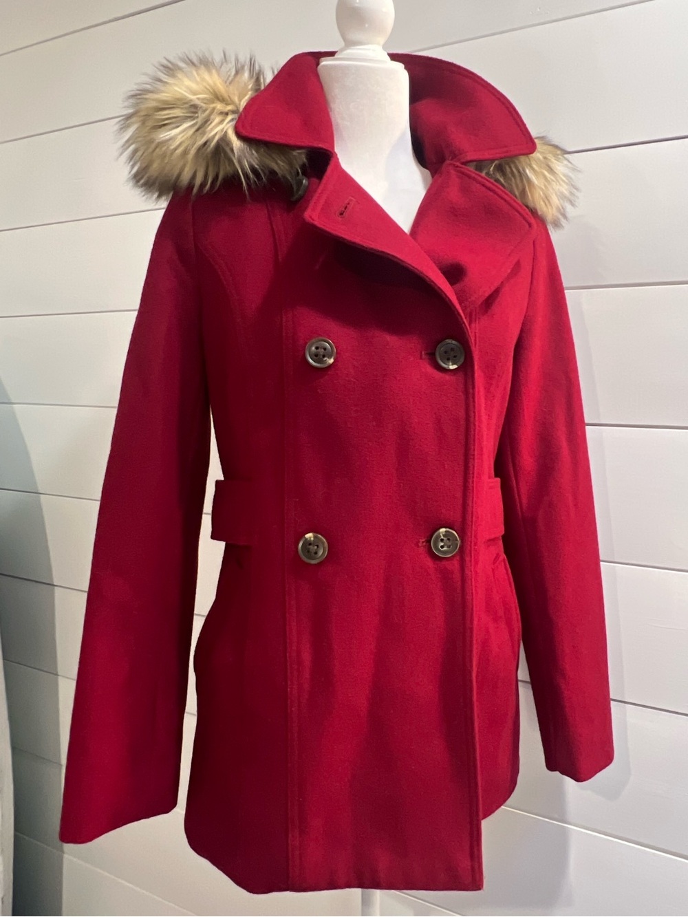 Women’s Small Nautica Red Pea Coat with Faux Fur Trim Removable Sherpa Hood NWOT